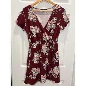 Derek Heart Burgundy Floral Print Wrap Dress‎ Short Sleeve Casual L